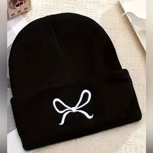 Embroidered Bow Beanie Hat